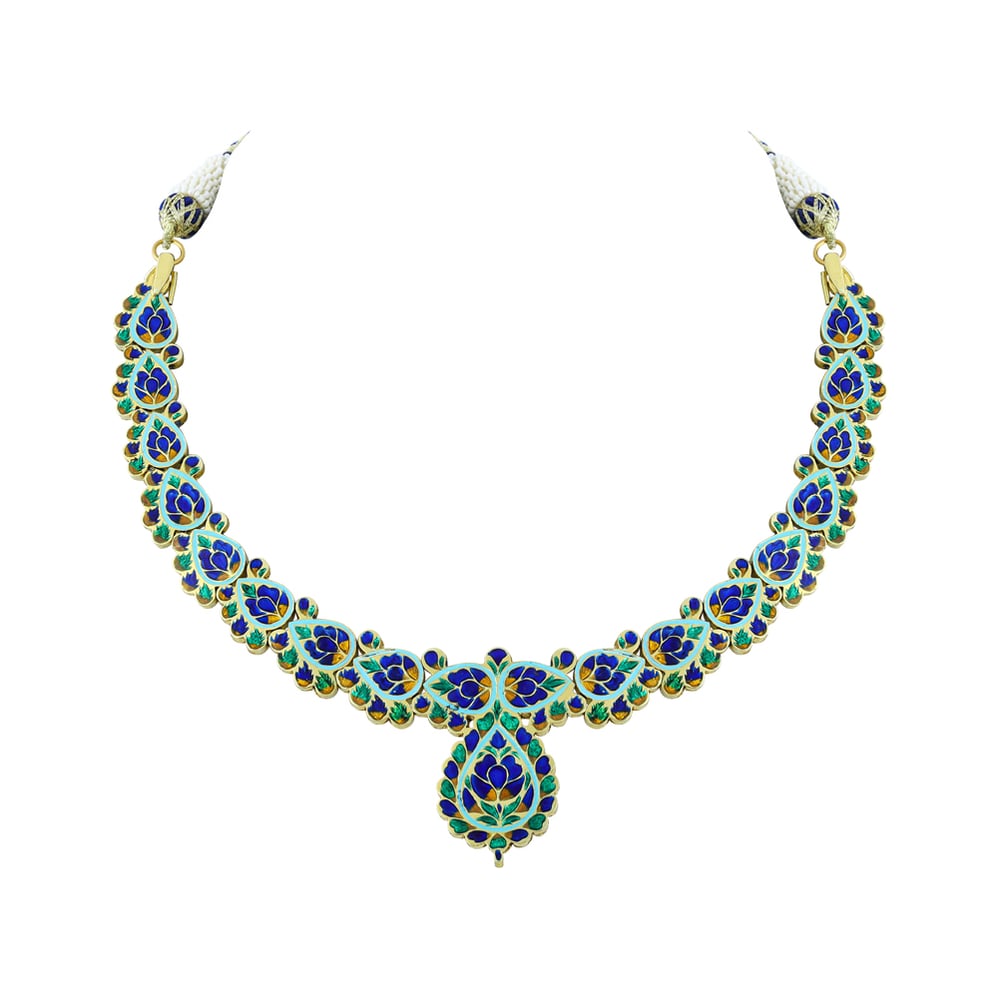 Polki Necklace with Blue Enamel Border